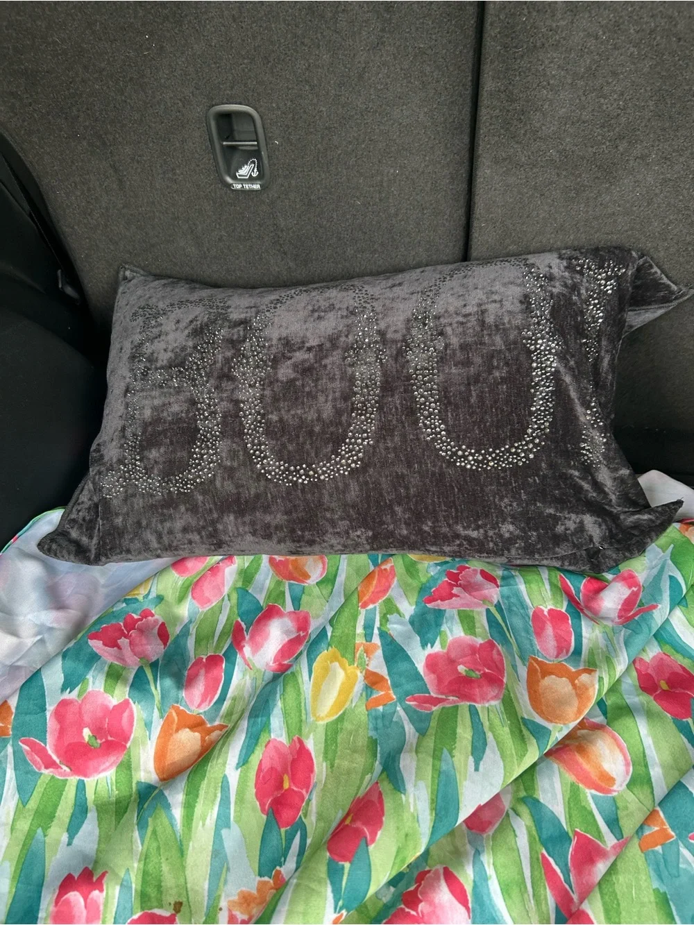 Plush Velvet Decorative Throw Pillow in Charcoal with Embellished Accent